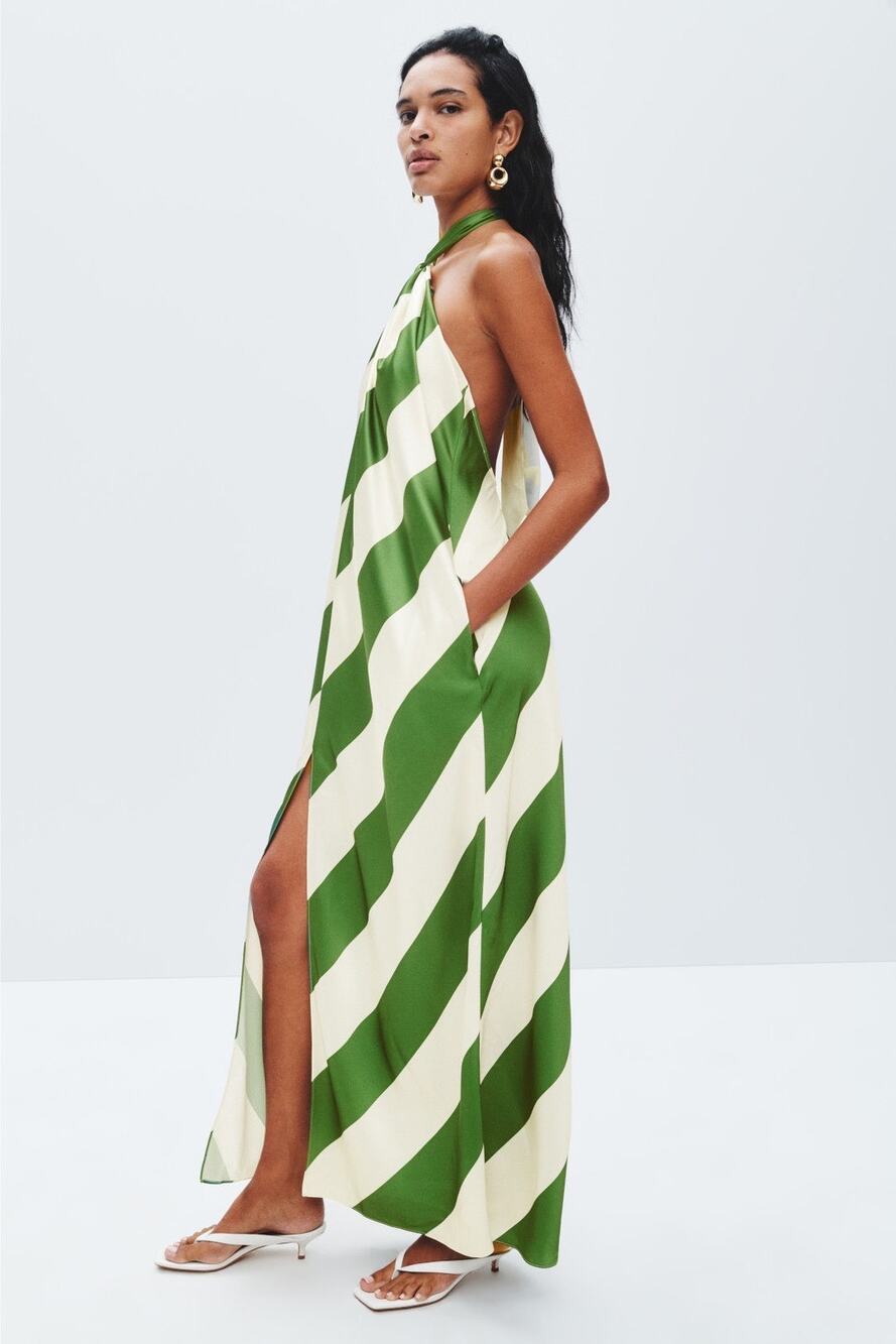 Ronny Kobo M Green White Striped Sleeveless Halter Tie Neck Backless Maxi Dress